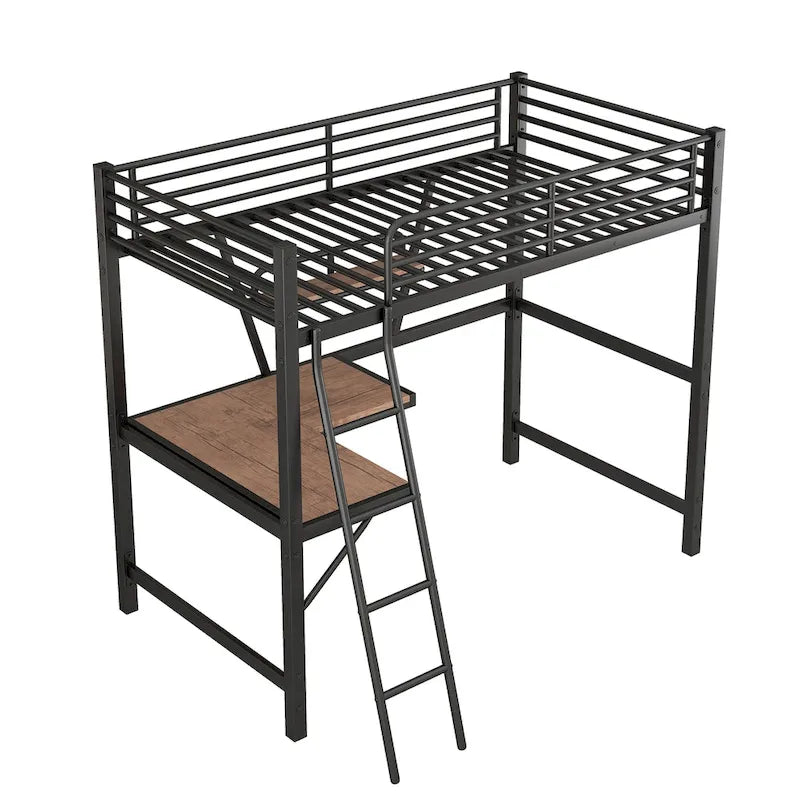 Nestfair Twin Size Metal Loft Bed with L-shaped Desk and Shelf