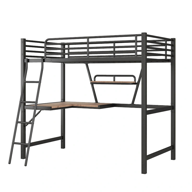Lit mezzanine métallique une place avec bureau et étagère en L