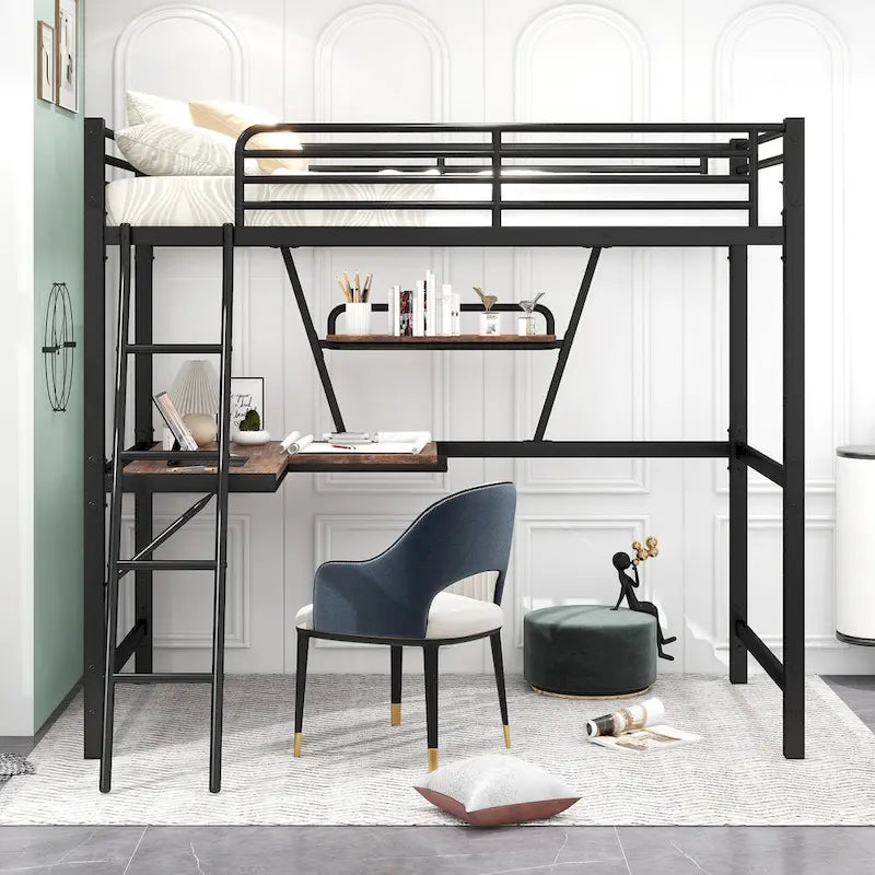 Lit mezzanine métallique une place avec bureau et étagère en L