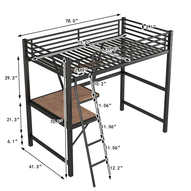 Lit mezzanine métallique une place avec bureau et étagère en L