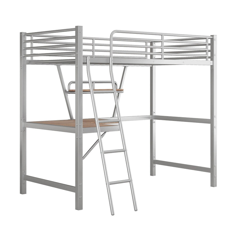 Lit mezzanine métallique une place avec bureau et étagère en L