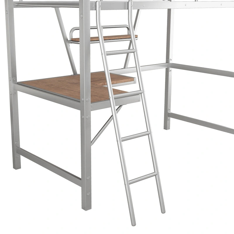 Lit mezzanine métallique une place avec bureau et étagère en L