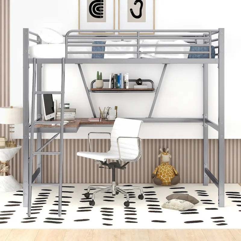 Lit mezzanine métallique une place avec bureau et étagère en L