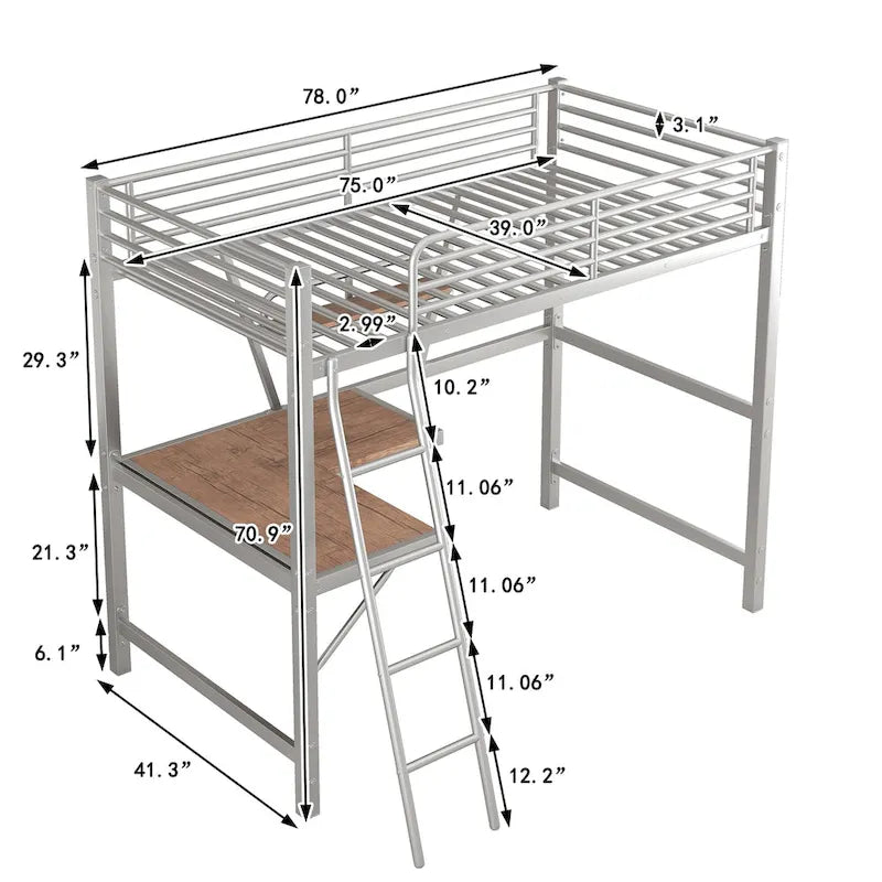 Lit mezzanine métallique une place avec bureau et étagère en L