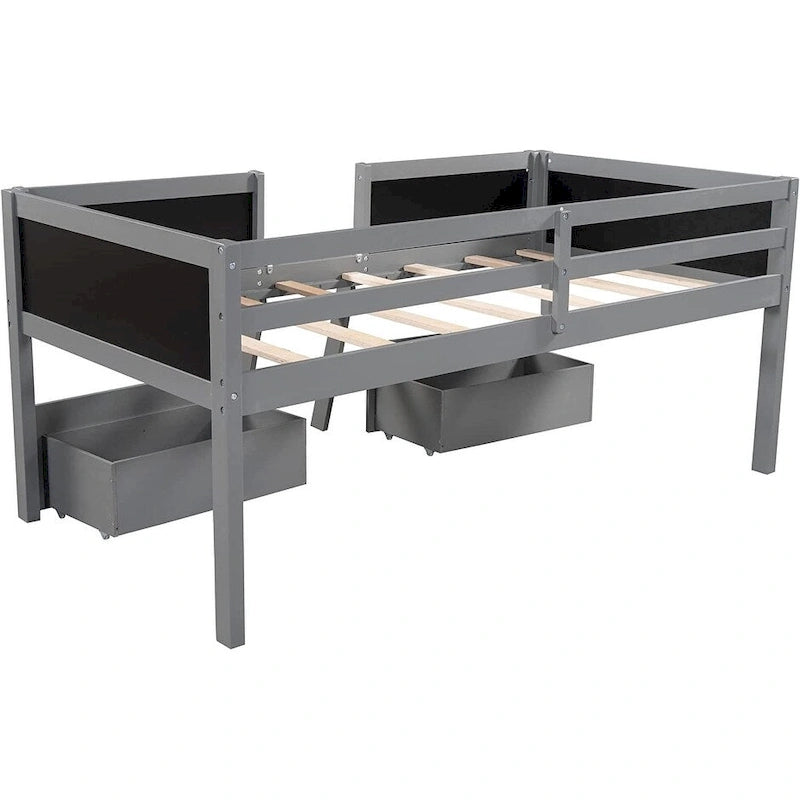Twin Size Wood Loft Bed with 2 Storage Drawers & Chalkboard