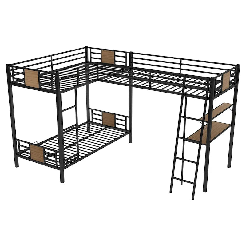 Lit superposé en L simple sur simple avec lit mezzanine simple, bureau et étagère, marron