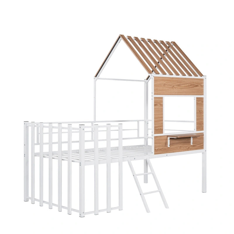 Lit mezzanine en métal pour jumeaux avec toit, fenêtre, garde-corps, échelle noir