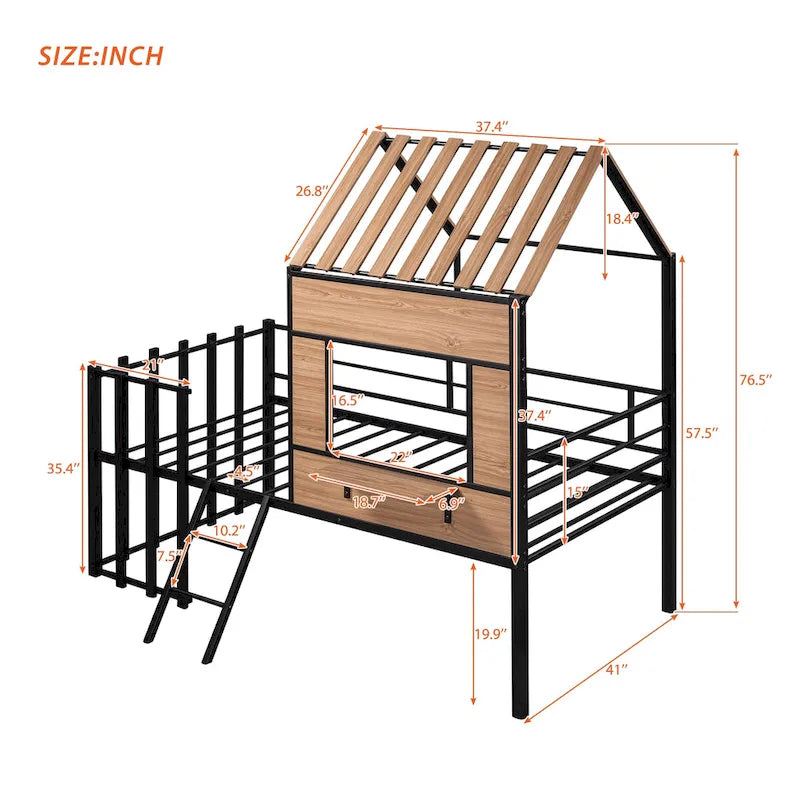 Lit mezzanine en métal pour jumeaux avec toit, fenêtre, garde-corps, échelle noir