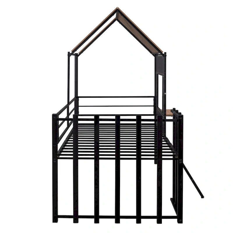 Lit mezzanine en métal pour jumeaux avec toit, fenêtre, garde-corps, échelle noir