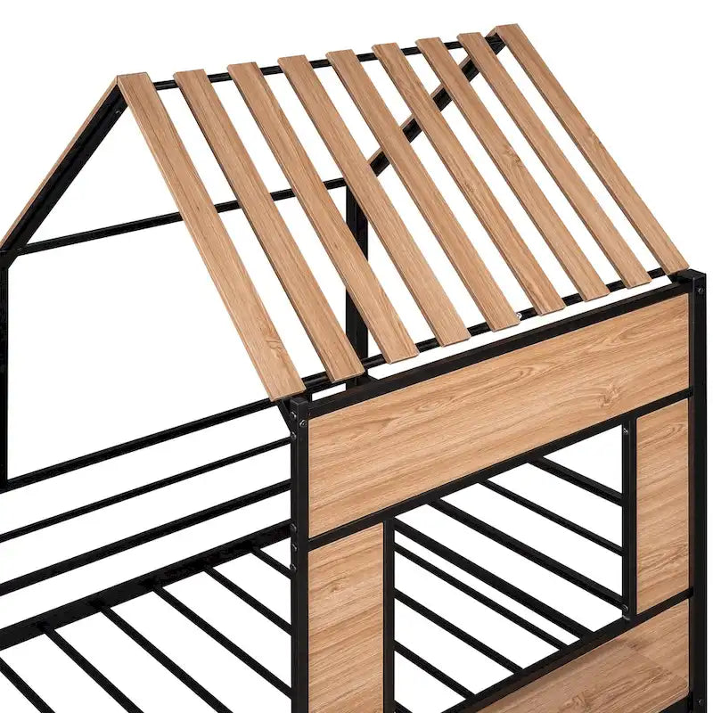 Lit mezzanine en métal pour jumeaux avec toit, fenêtre, garde-corps, échelle noir