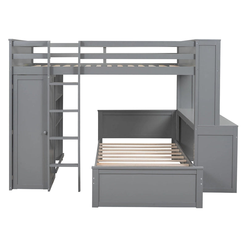 Lit mezzanine pleine grandeur avec un lit indépendant une place, des étagères, un bureau et une armoire – Expresso