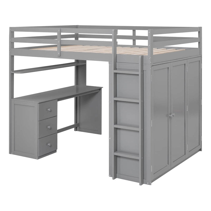 Lit mezzanine pleine grandeur avec tiroirs, bureau et armoire-Gris
