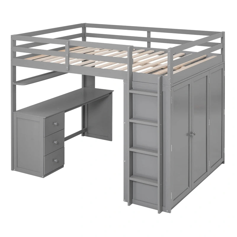Lit mezzanine pleine grandeur avec tiroirs, bureau et armoire-Gris