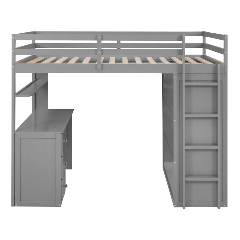 Lit mezzanine pleine grandeur avec tiroirs, bureau et armoire-Gris