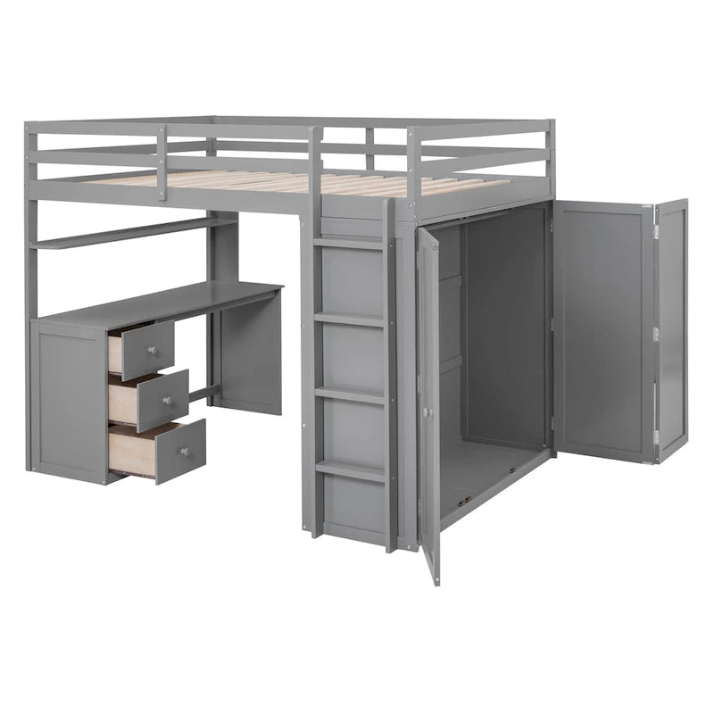 Lit mezzanine pleine grandeur avec tiroirs, bureau et armoire-Gris