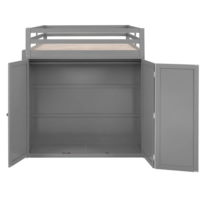 Lit mezzanine pleine grandeur avec tiroirs, bureau et armoire-Gris