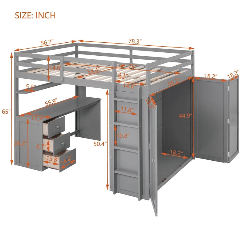 Lit mezzanine pleine grandeur avec tiroirs, bureau et armoire-Gris