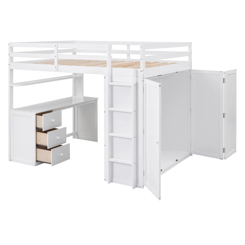 Lit mezzanine pleine grandeur avec tiroirs, bureau et armoire-Gris