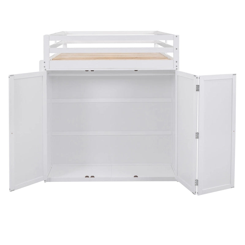 Lit mezzanine pleine grandeur avec tiroirs, bureau et armoire-Gris