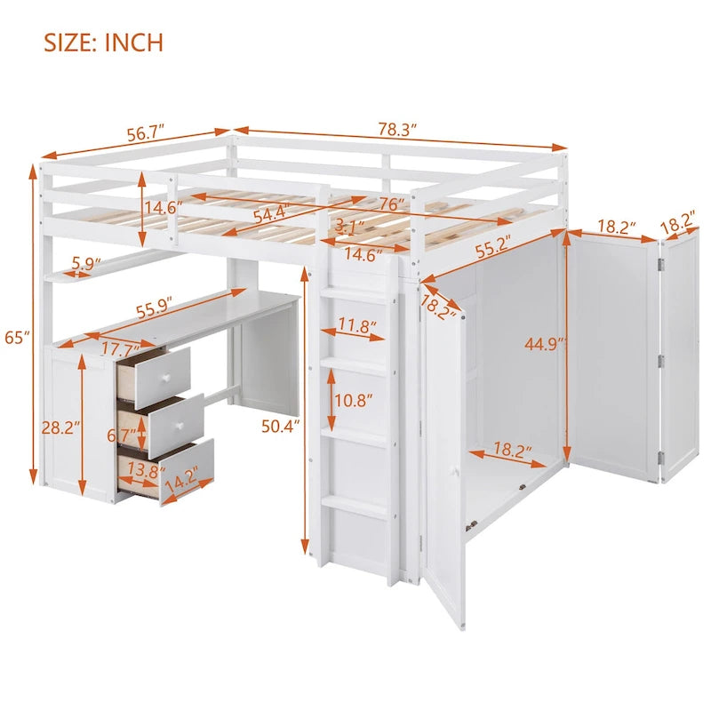 Lit mezzanine pleine grandeur avec tiroirs, bureau et armoire-Gris