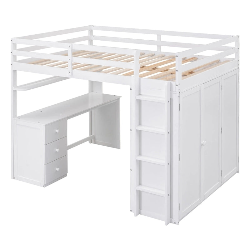 Lit mezzanine pleine grandeur avec tiroirs, bureau et armoire-Gris
