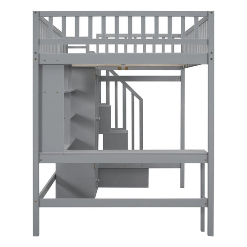 Full size Loft Bed with Bookshelf,Drawers,Desk,and Wardrobe-Espresso