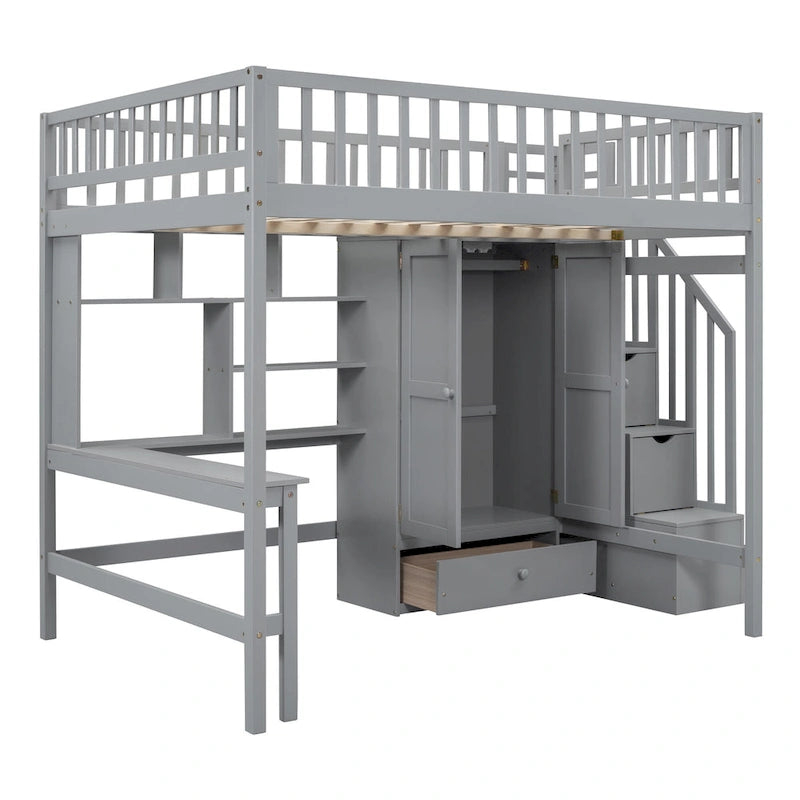 Lit mezzanine double avec bibliothèque, tiroirs, bureau et armoire-Espresso