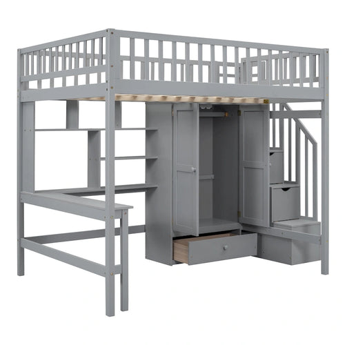 Lit mezzanine double avec bibliothèque, tiroirs, bureau et armoire-Espresso