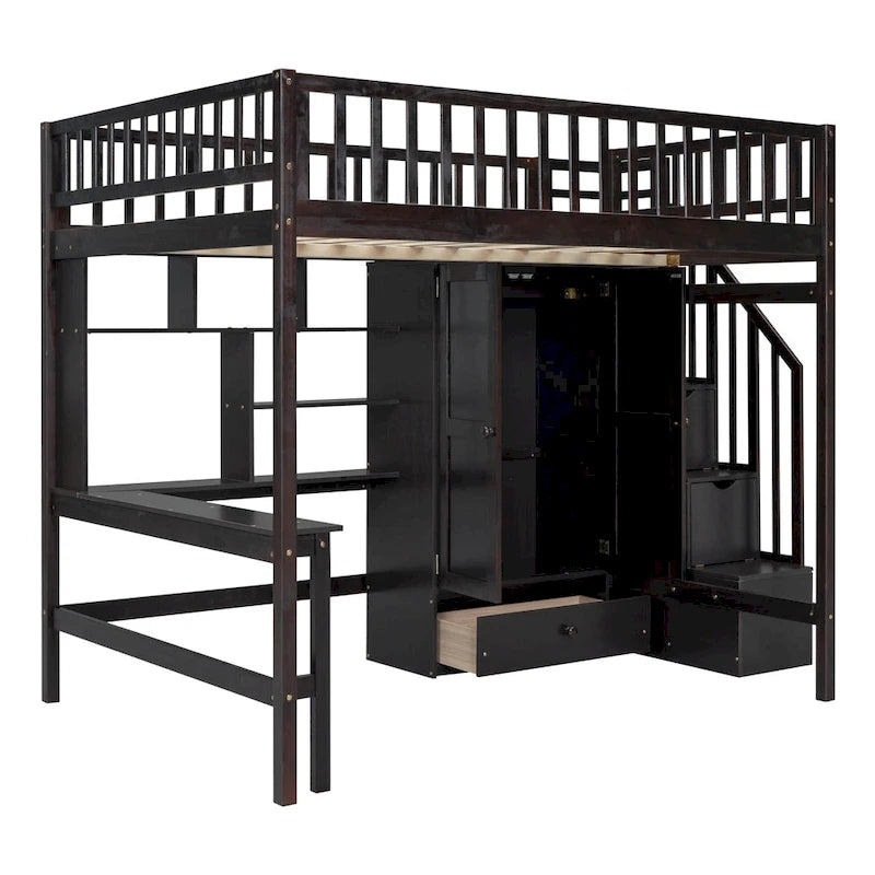 Lit mezzanine double avec bibliothèque, tiroirs, bureau et armoire-Espresso