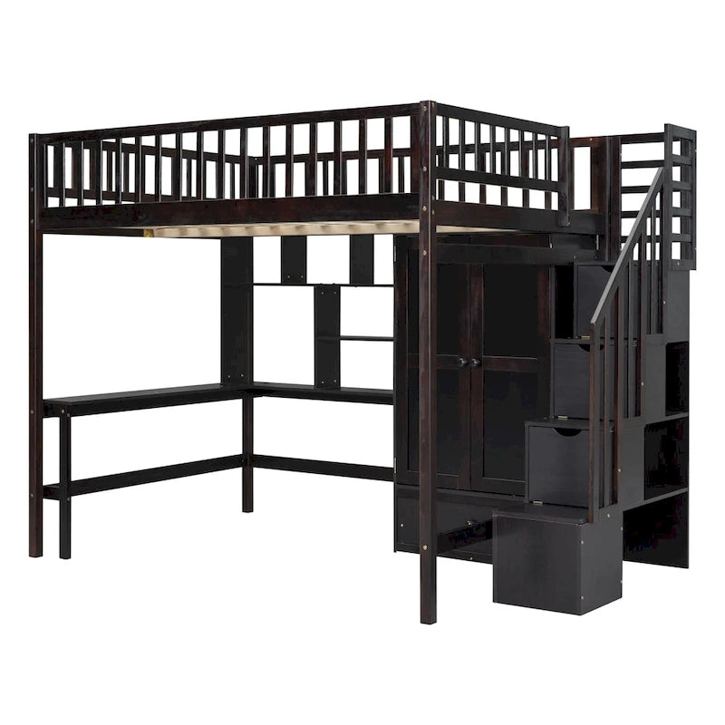 Lit mezzanine double avec bibliothèque, tiroirs, bureau et armoire-Espresso