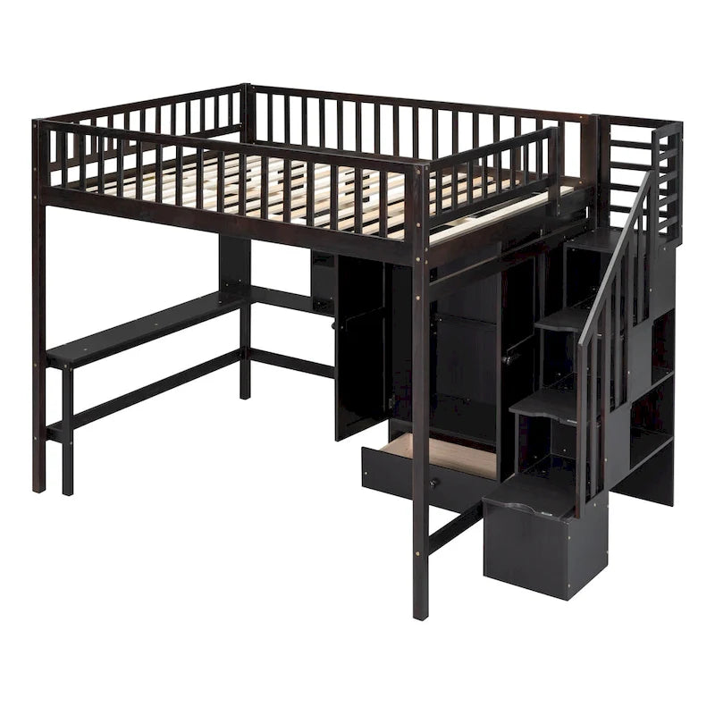 Lit mezzanine double avec bibliothèque, tiroirs, bureau et armoire-Espresso