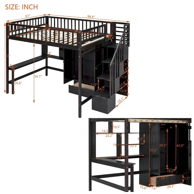 Lit mezzanine double avec bibliothèque, tiroirs, bureau et armoire-Espresso