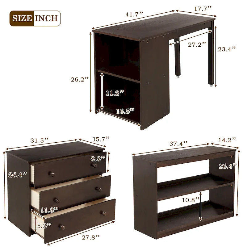 Lit mezzanine double bas avec armoire et bureau portable roulant - Espresso