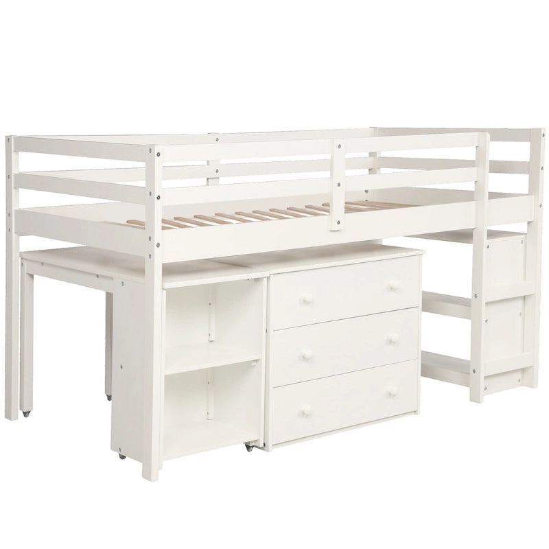 Lit mezzanine double bas avec armoire et bureau portable roulant - Espresso