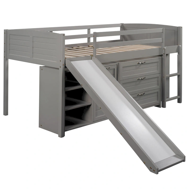 Lit mezzanine bas simple avec armoires, étagères et toboggan - Espresso
