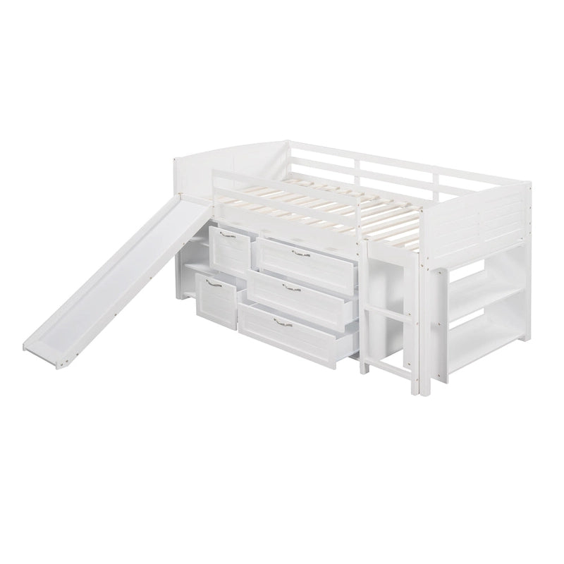 Lit mezzanine bas simple avec armoires, étagères et toboggan - Espresso