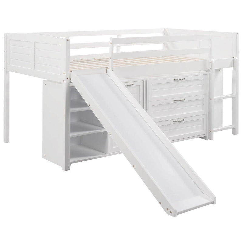 Lit mezzanine bas simple avec armoires, étagères et toboggan - Espresso
