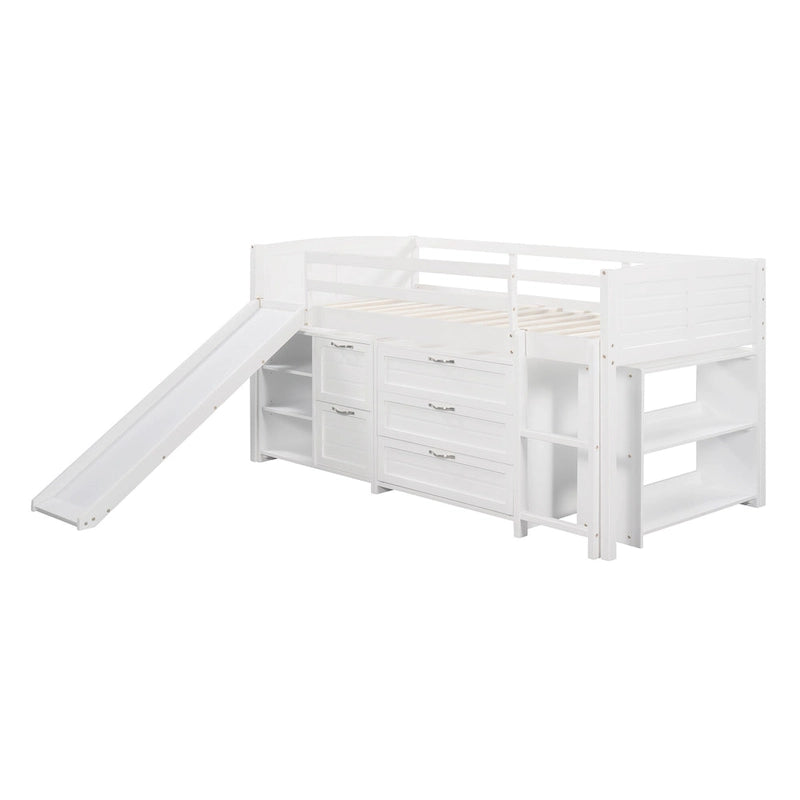 Lit mezzanine bas simple avec armoires, étagères et toboggan - Espresso