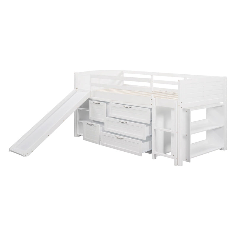 Lit mezzanine bas simple avec armoires, étagères et toboggan - Espresso