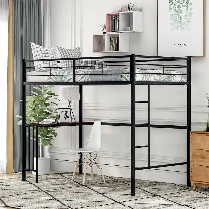 Lit mezzanine double en métal avec bureau, échelle et barrières de sécurité