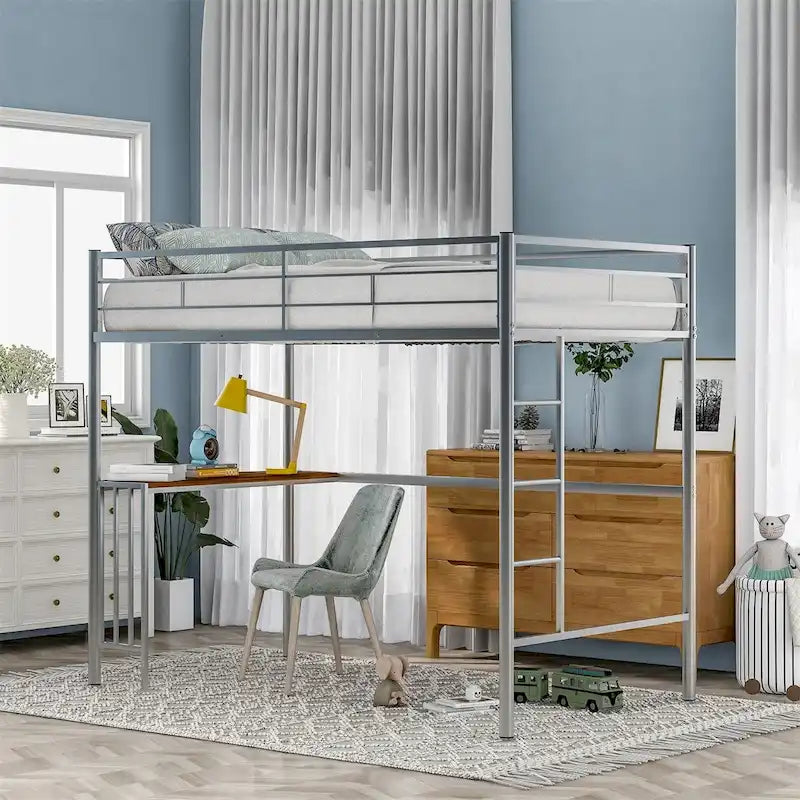 Lit mezzanine double en métal avec bureau, échelle et barrières de sécurité