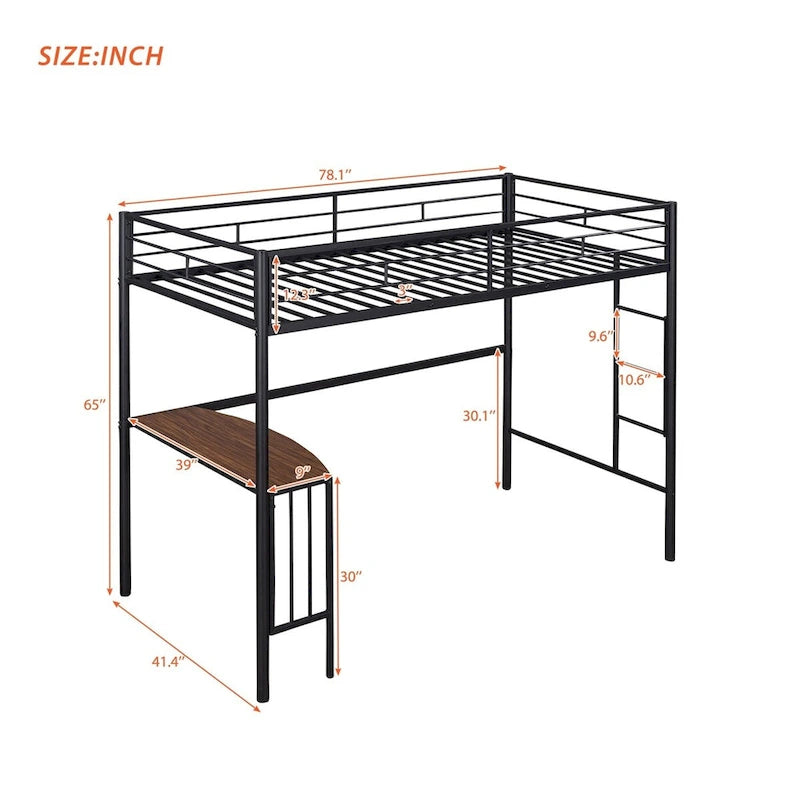 Lit mezzanine double en métal avec bureau, échelle et barrières de sécurité