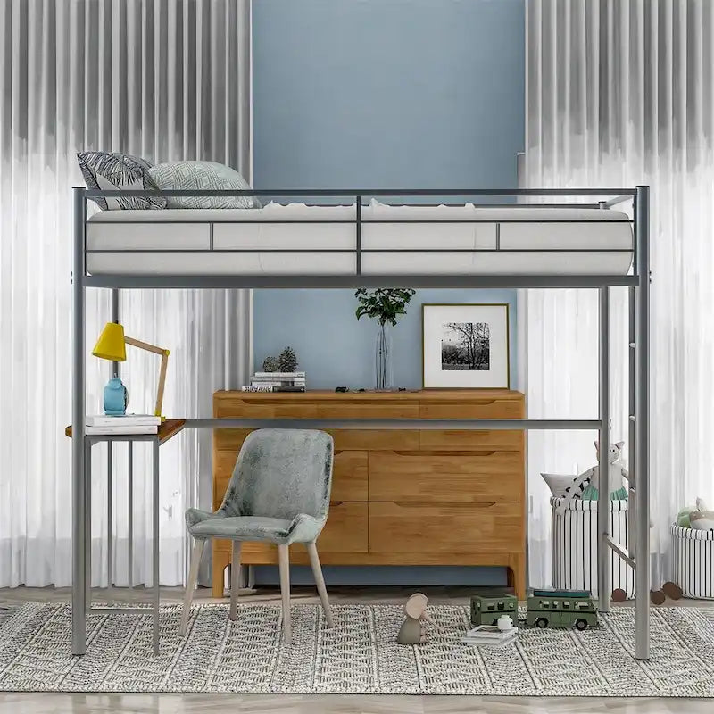 Lit mezzanine double en métal avec bureau, échelle et barrières de sécurité