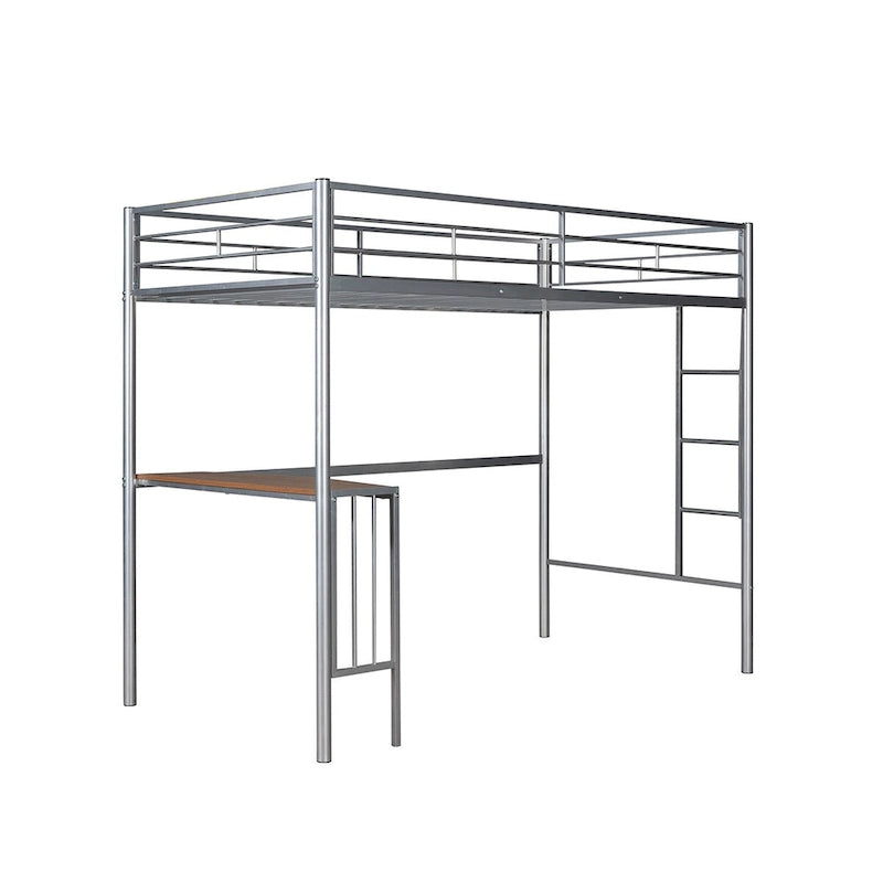 Lit mezzanine double en métal avec bureau, échelle et barrières de sécurité