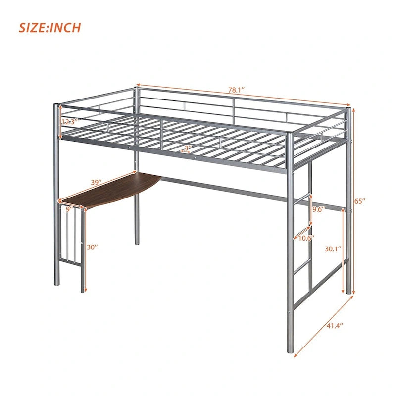 Lit mezzanine double en métal avec bureau, échelle et barrières de sécurité