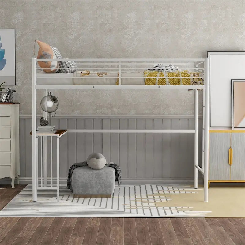 Lit mezzanine double en métal avec bureau, échelle et barrières de sécurité