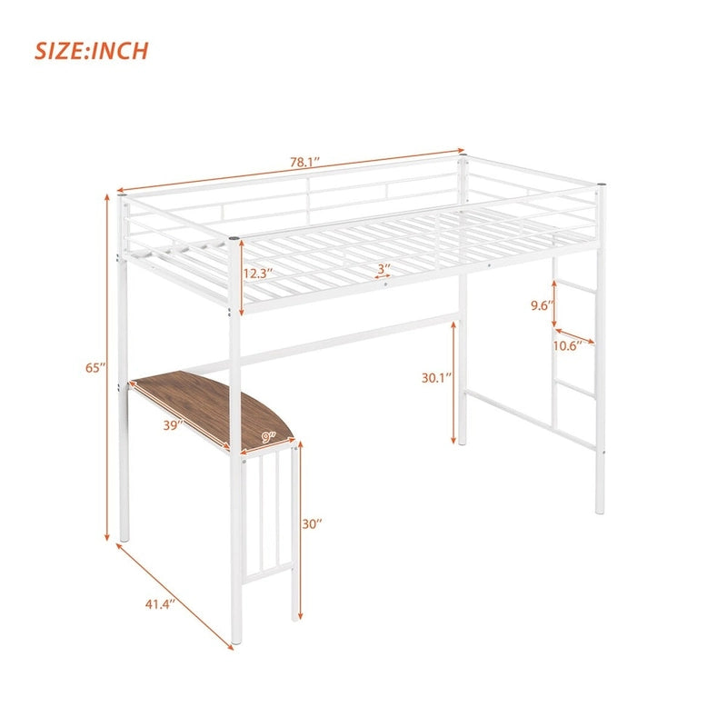 Lit mezzanine double en métal avec bureau, échelle et barrières de sécurité