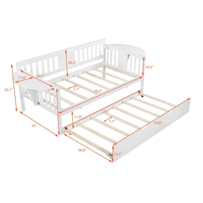Lit de repos double en bois avec lit gigogne, blanc