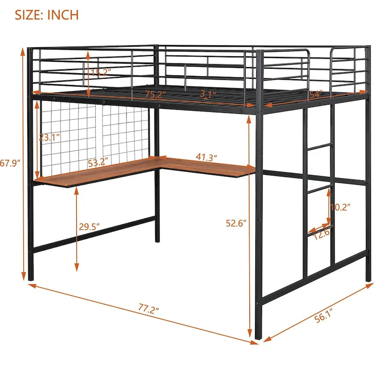 Lit mezzanine en métal avec bureau et grille métallique