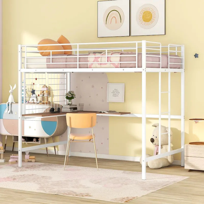 Lit mezzanine en métal avec bureau et grille métallique